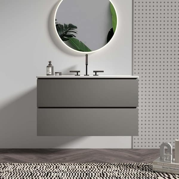36 in. W Single Sink Floating Gray Bath Vanity with White Ceramic Top