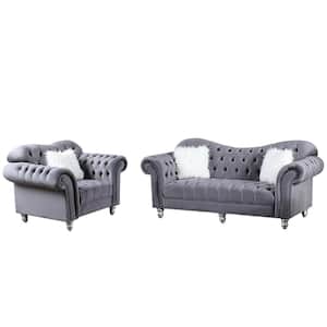Luxury Classic 2-Piece America Chesterfield Tufted Camel Back Sofa Set Chair and Sofa in Grey