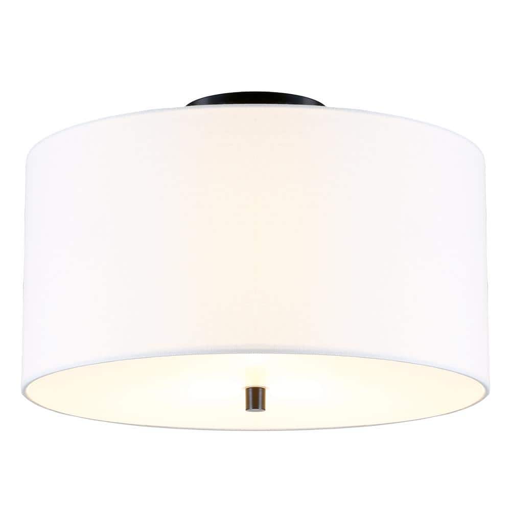 Ellis 16" Matte Black Modern Drum Flush Mount with Linen Shade