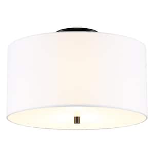 Ellis 16 in. Matte Black and White Semi Flush Mount with Fabric Shade