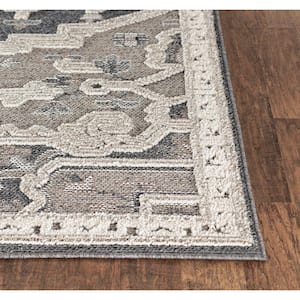 High/Low Textured Navy/Gray 8 ft. x 10 ft. Medallion Area Rug