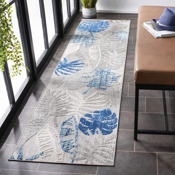 Cabana Gray/Blue 2 ft. x 14 ft. Geometric Leaf Indoor/Outdoor Runner Rug