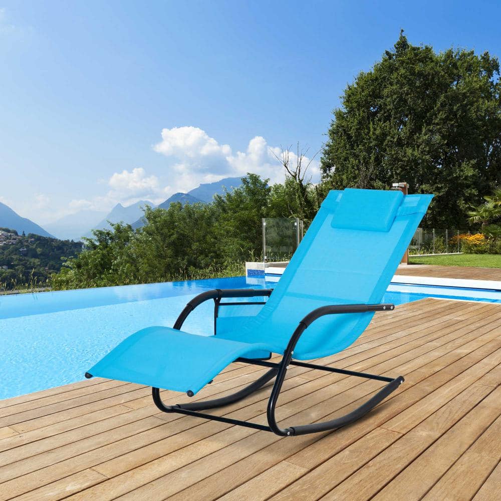 Sky Blue Outdoor Rocking Recliner with Cushioned Headrest and Side Pocket