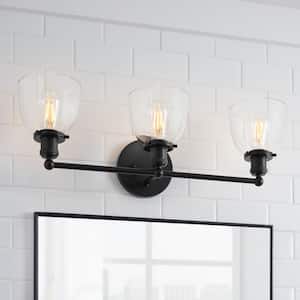 Evelyn 26.75 in. 3-Light Matte Black Industrial Vanity with Clear Glass Shades