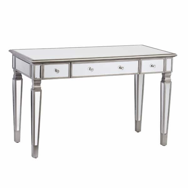 HomeRoots Amelia 48 in. Rectangular Silver Wood 2-Drawer Desk with Mirrored, Drawers, Keyboard Tray
