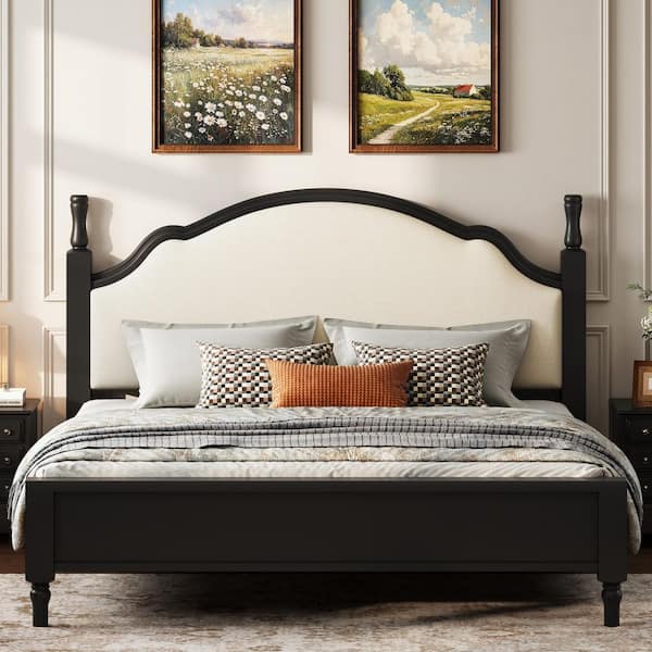 Caldon Modern Rustic Black Wood Frame Queen Size Platform Bed with Beige Linen Upholstered Headboard