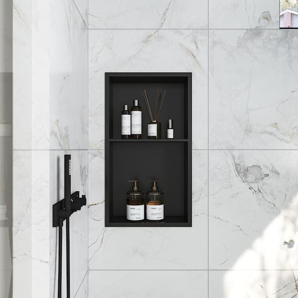 14 in. W x 25 in. H x 4 in. D 304 Stainless Steel Recessed Shower Niche Double Shelf in Matte Black, No Tile Needed