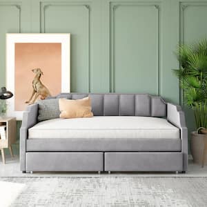 Gray Twin Size Upholstered Wood Daybed Sofa Bed Frame with 2 Storage Drawers and Wood Support Slats