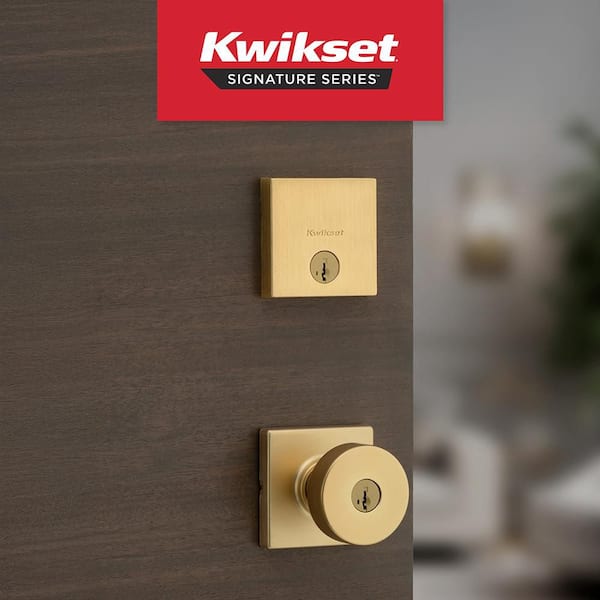 Pismo Satin Brass Keyed Entry 2.85 in. Square Rose Round Door Knob and Deadbolt Combo Pack Featuring SmartKey Security