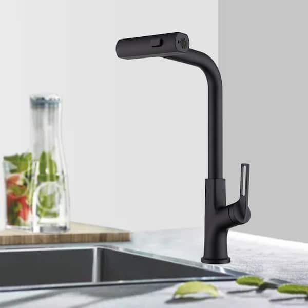 17.72 in. Single Handle 360 Degree Spout Swivel Pull Down Kitchen Faucet in Matte Black with Temperature Display