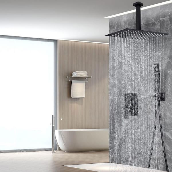 Zalerock Rainfall 1 Spray Square Ceiling Mount Shower System Head With Handheld In Black Valve Included Ksa033 The