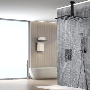 Rainfall 1-Spray Square Ceiling Mount Shower System Shower Head with Handheld in Black (Valve Included)