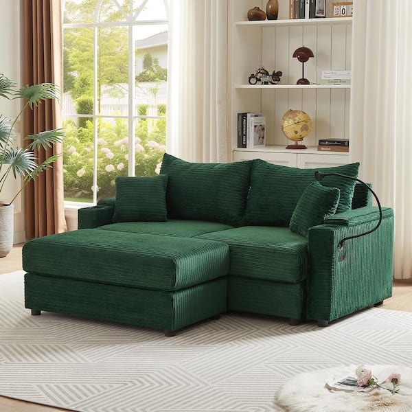 Qualler Green Pinwale Corduroy Fabric 2-Seater Loveseat 72.8 in. with Ottoman, USB Ports and Phone Holder