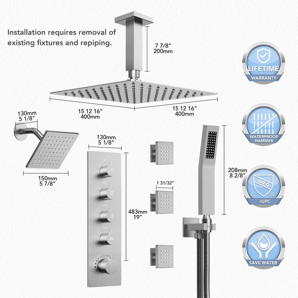 16" Brushed Nickel Dual Shower Head System with Thermostatic Valve