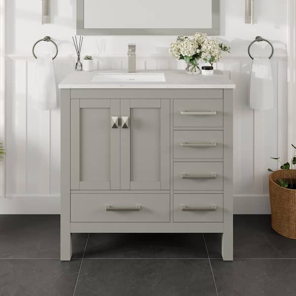 Eviva London 36 in. Single Sink Gray Bath Vanity with White Carrara Quartz Top (Assembled)
