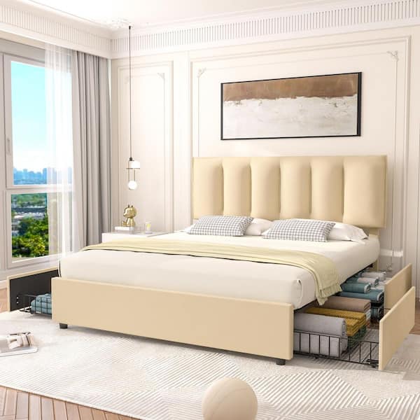 Upholstered Bed Frame, Queen Bed Frame with 4 Storage Drawers and Adjustable Headboard Platform Bed Frame Beige