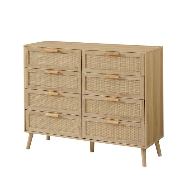 47 in. W x 16 in. D x 37 in. H Beige Linen Cabinet, Bedroom Dresser, 8-Double Dresser with Rattan Drawers, Wood Chest