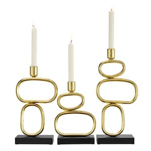 Eduardo Midcentury Modern Geometric Sculpted Gold and Black Candlestick Candle Holders - Set of 3