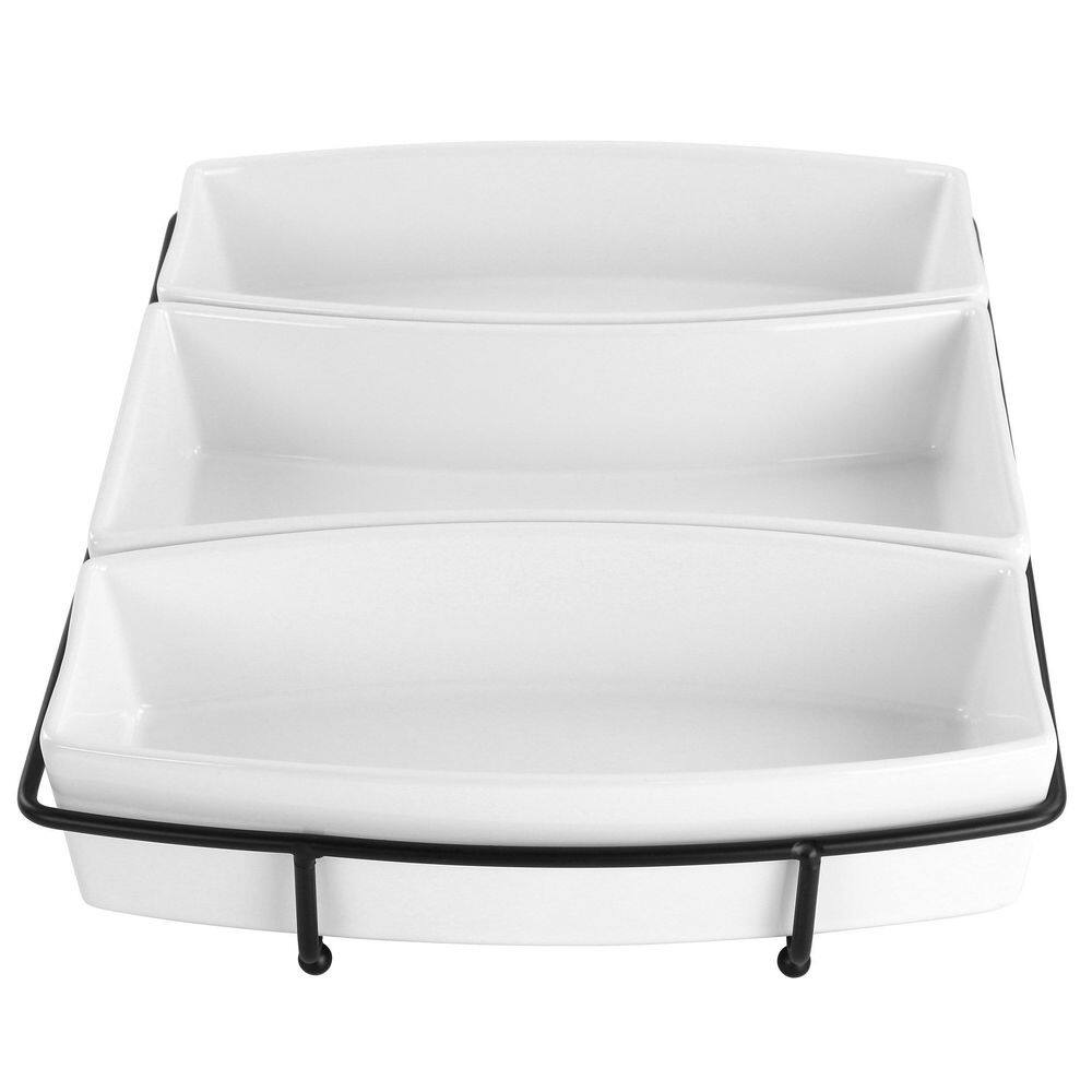 Elegant White Ceramic Tidbit Serving Set with Metal Rack