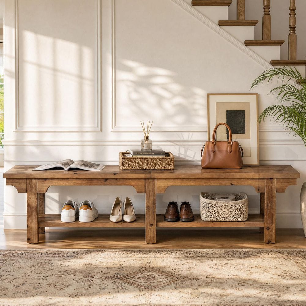17.7 in. H x 70.9 in. W Brown Extra Long Solid Wood Shoe Storage Bench with Storage Shelves,Entryway Bench for Hallway
