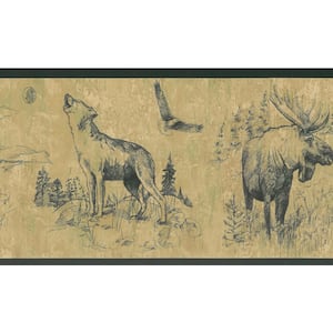 Falkirk Brin Sketched Moose, Wolf, Falcon Green, Brown Wallpaper Border