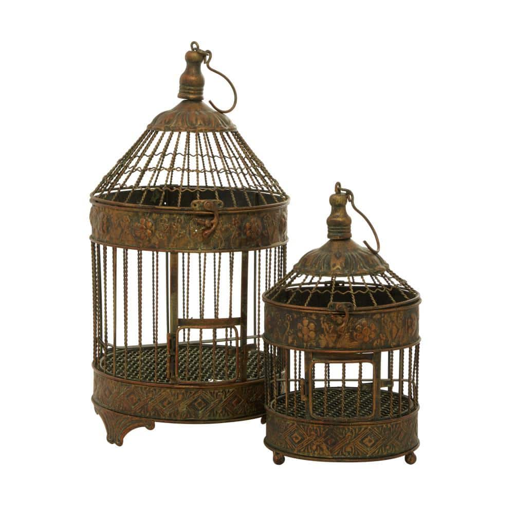 Bronze Antique Carved Metal Birdcage Set, 2 Pieces