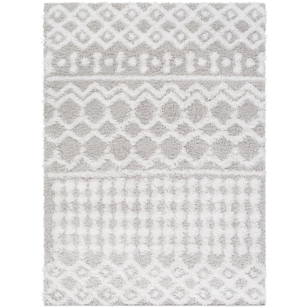 Off-White and Light Gray Moroccan Shag Area Rug, 10' x 14'