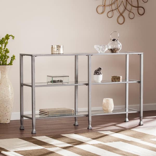 Southern Enterprises Galena 49 in. Silver Rectangle Glass Console Table with Shelves