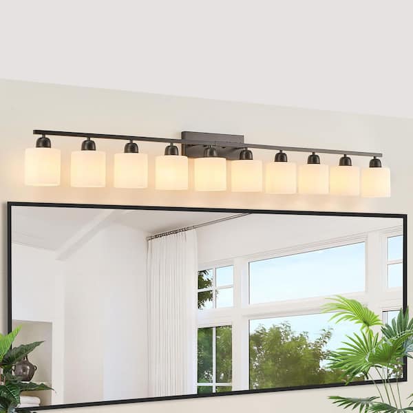 65 in. 10-Light Black Bathroom Vanity Light Fixture with Milky White Frosted Glass Shades, no bulbs included