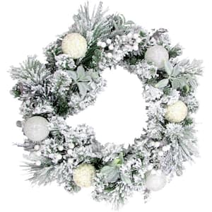24 in. Artificial Christmas Wreath with Glitter Ornaments, Leaves and Berries