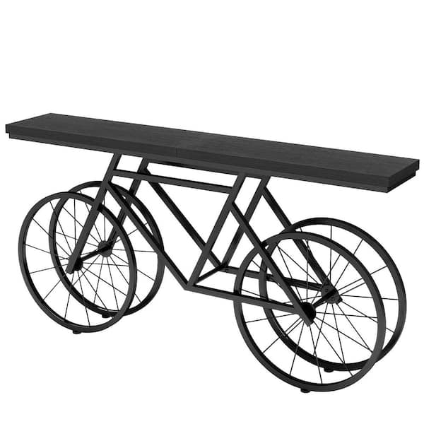 TRIBESIGNS WAY TO ORIGIN Benjamin 70.9 in. Black Rectangle Wood Console Table with Bicycle Metal Base Behind Couch for Living Room Entrance