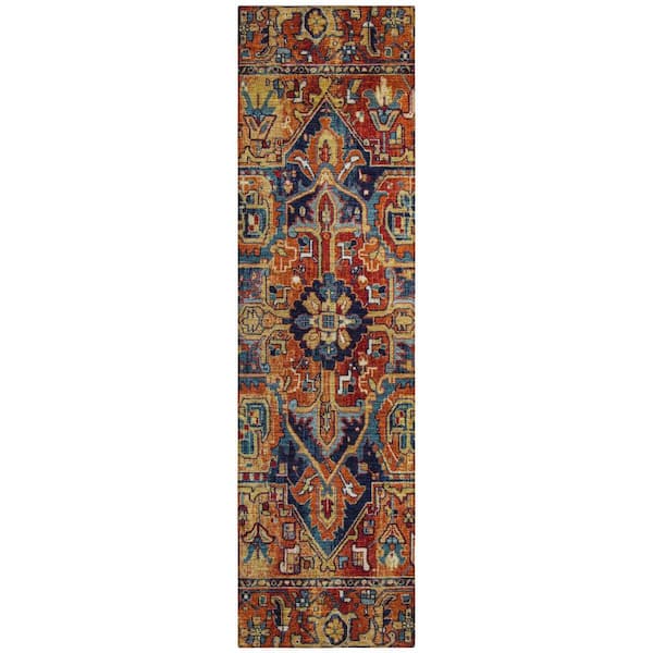 Red Orange and Blue 2 ft. x 8 ft. Woven Oriental Runner Indoor/Outdoor Area Rug