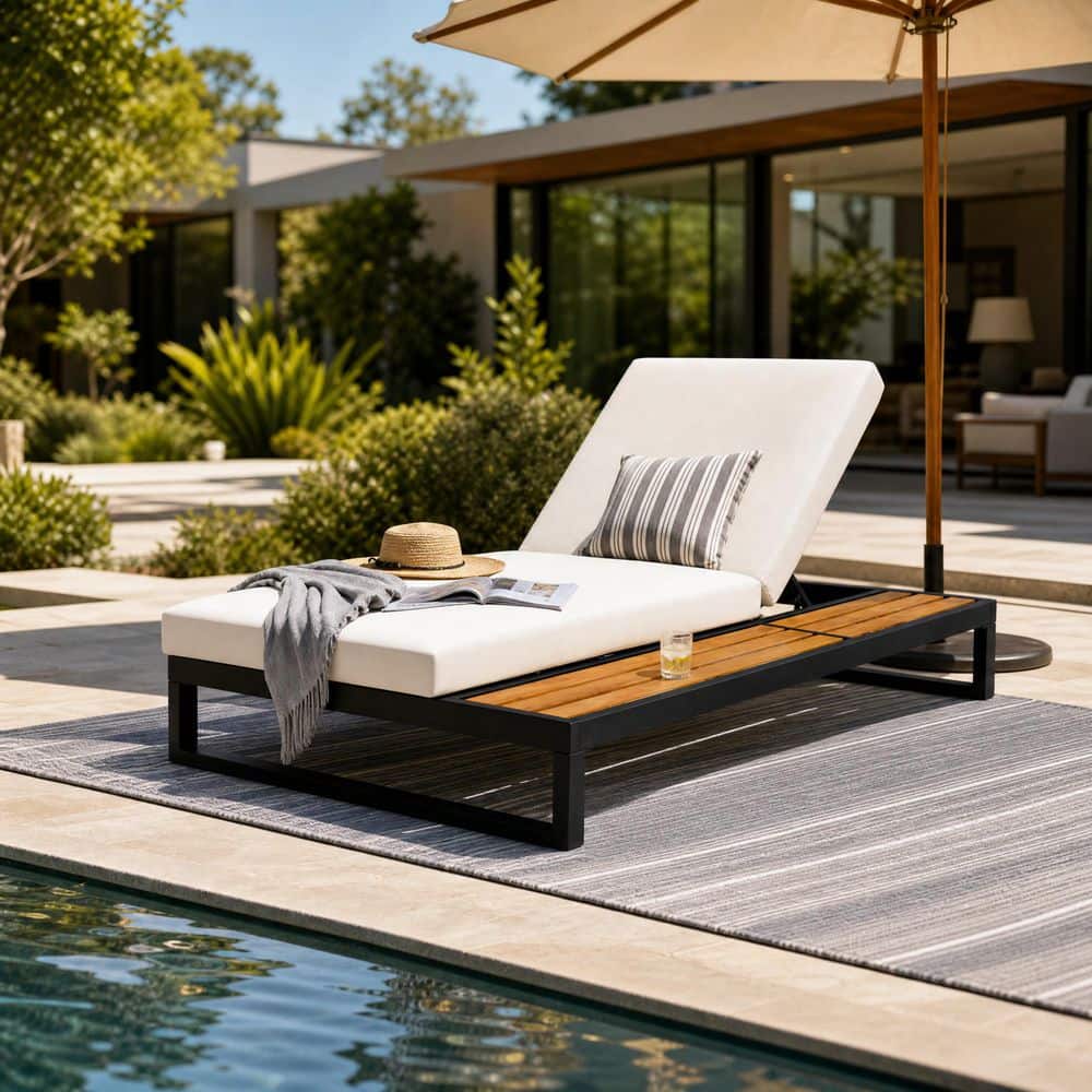 Aleva Black Iron + Teak Finish Outdoor Patio Chaise Lounge with 2-Fold Cream Cushion, Adjustable Backrest price history on PriceWatchPro