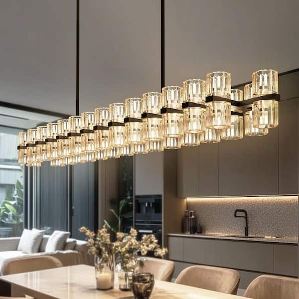 YANSUN 53 in. 60-Light Black Rectangular K9 Crystal Chandelier for Modern Living Room, Dining Room(70-G4 Bulbs Included)
