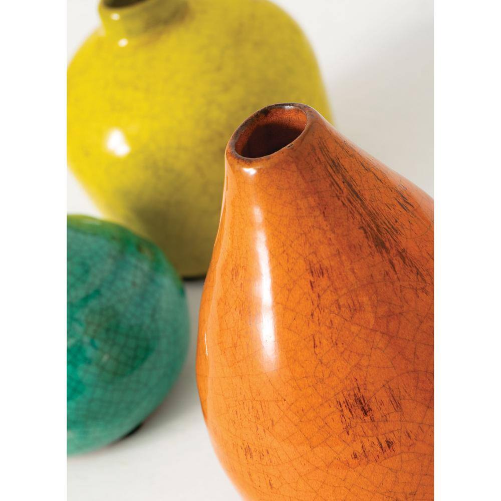 Set of 3 Multicolored Ceramic Bud Vases in Orange, Yellow, and Teal