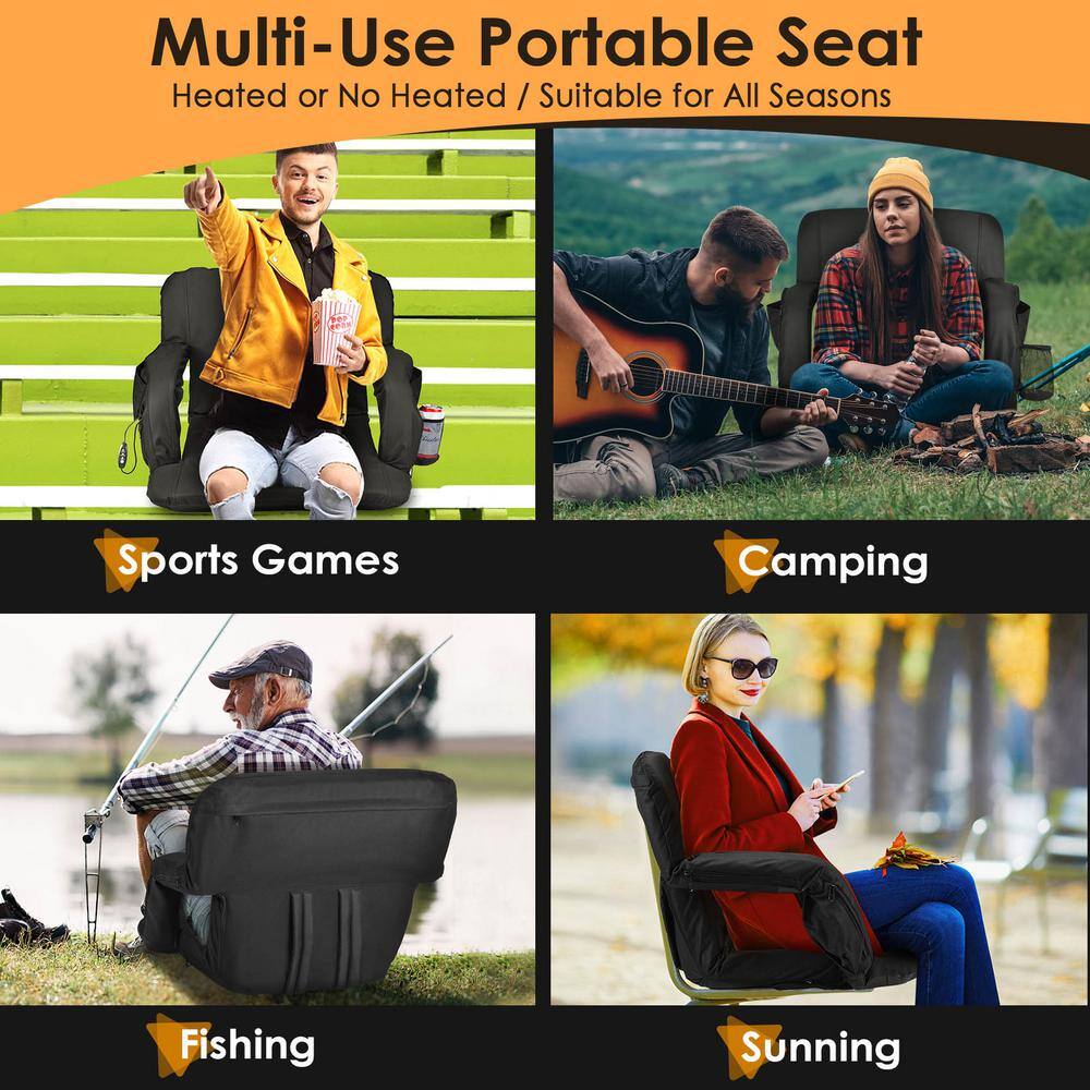 HOPERAN Black Heated Stadium Seat with Back Support and Pockets