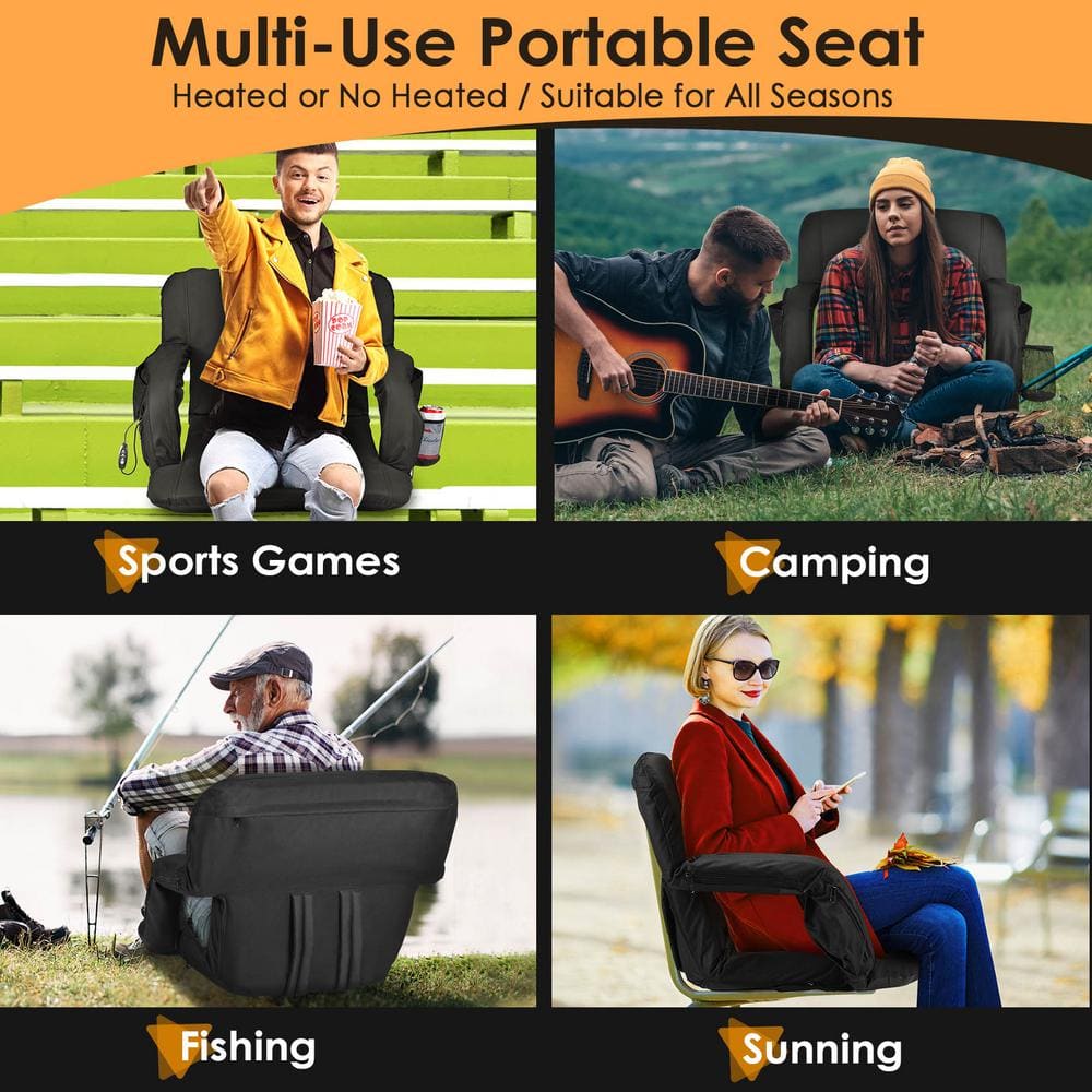 Black Heated Portable Stadium Seats with Back Support and Pockets, 25 in.