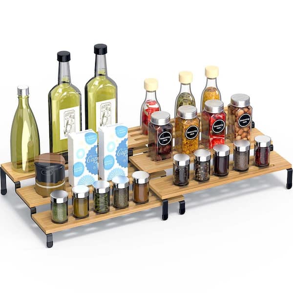 AULEDIO 3-Tier Expandable Bamboo Spice Rack Freestanding Spice Jar Storage Organizer