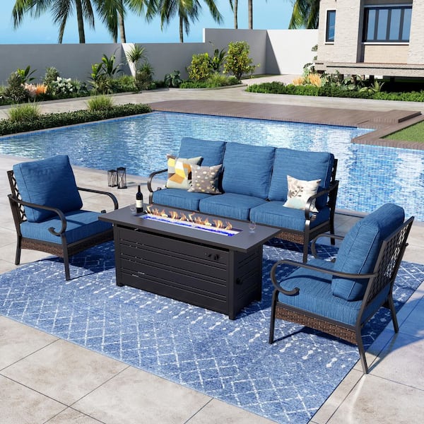 PHI VILLA 4-Piece Black Metal Outdoor Patio Conversation Set with Fixed Chairs, 50000 BTU Fire Pit Table and Pacific Blue Cushions