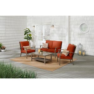 Geneva 4-Piece Wicker Outdoor Patio Conversation Deep Seating Set with CushionGuard Quarry Red Cushions