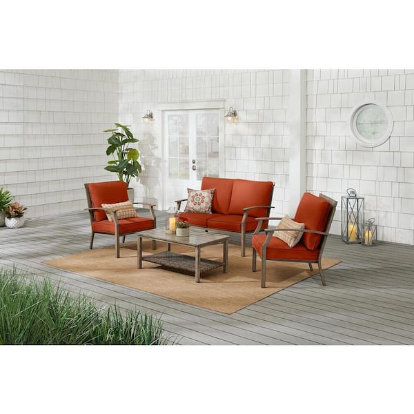 Hampton Bay Geneva 4-Piece Wicker Outdoor Patio Conversation Deep Seating Set with CushionGuard Quarry Red Cushions