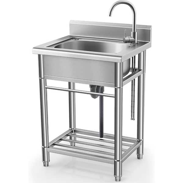 Stainless Steel Silver Utility Sink Free Standing Single Bowl Kitchen Sink with Water Pipe for Laundry Bathroom