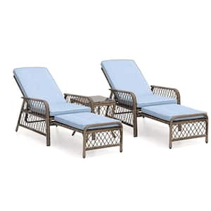 3-Piece Gray Wicker Rattan Outdoor Chaise Lounge, Patio Lounge Chairs 5 Position with Blue Cushions and Coffee table