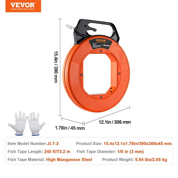 VEVOR Fish Tape 240-Foot 1/8-Inch Steel Wire Puller with Optimized Housing and Handle Easy-to-Use Cable Puller Tool Flexible Wire Fishing Tools for