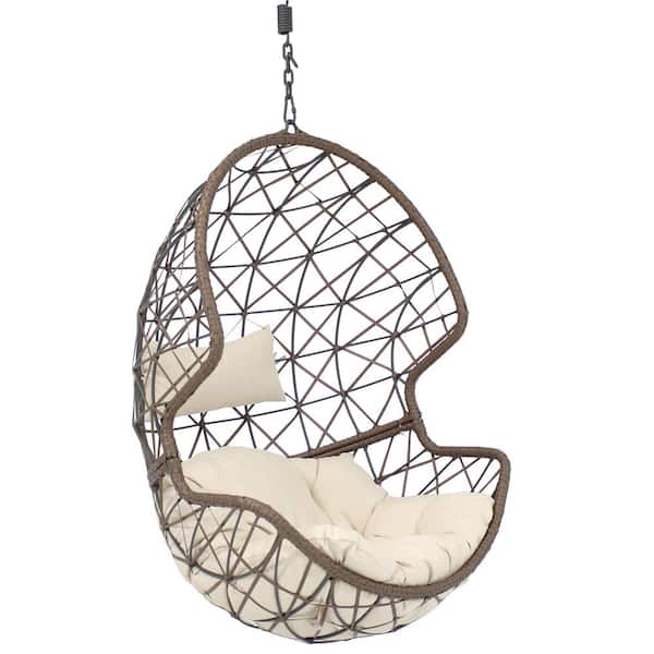 Sunnydaze Danielle Resin Wicker Outdoor Hanging Egg Patio Lounge Chair with Beige Cushions