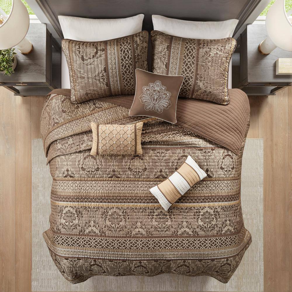 Full Brown Reversible Jacquard Coverlet Set with Shams and Pillows