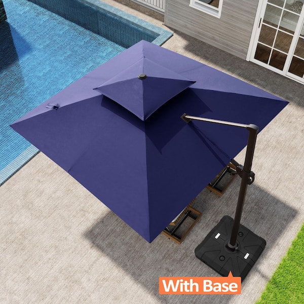 Pellebant 10 ft. x 10 ft. Square 2-Tier Top Canopy Outdoor Aluminum 360° Rotation Cantilever Patio Umbrella in Navy Blue with Base