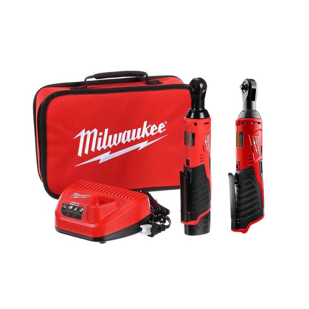 Milwaukee M12 12V Lithium-Ion Cordless 3/8 in. and 1/4 in. Ratchet Kit (2-Tool) with Battery, Charger and Bag -  2457-21-2456-2X