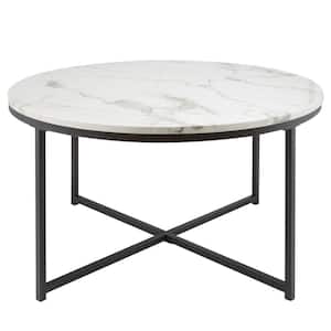 36 in. Black Round Faux Marble Coffee Table with Cross Legs