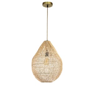 Hailey 1-Light Natural Rattan Pendant Light in Brass Handmade Shade Modern Coastal Hanging Light